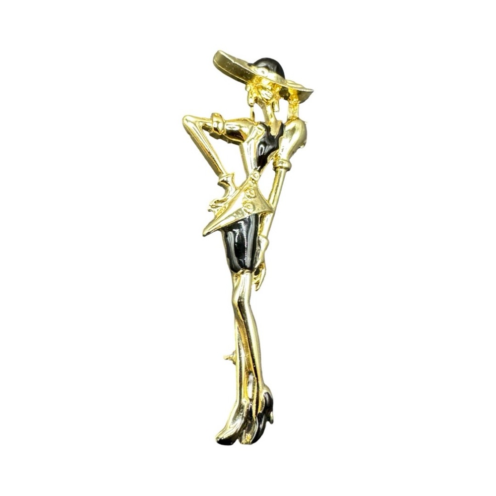 1980s Elegant Gold and Black Fashionista Lady with Hat Brooch